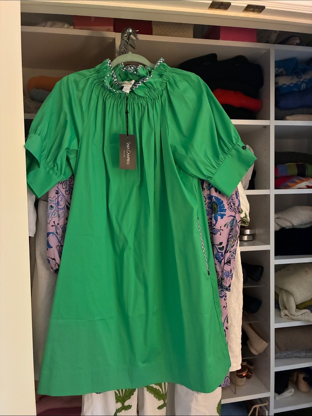 Sara Campbell Bright Green Mini Dress with Gathered Neck
